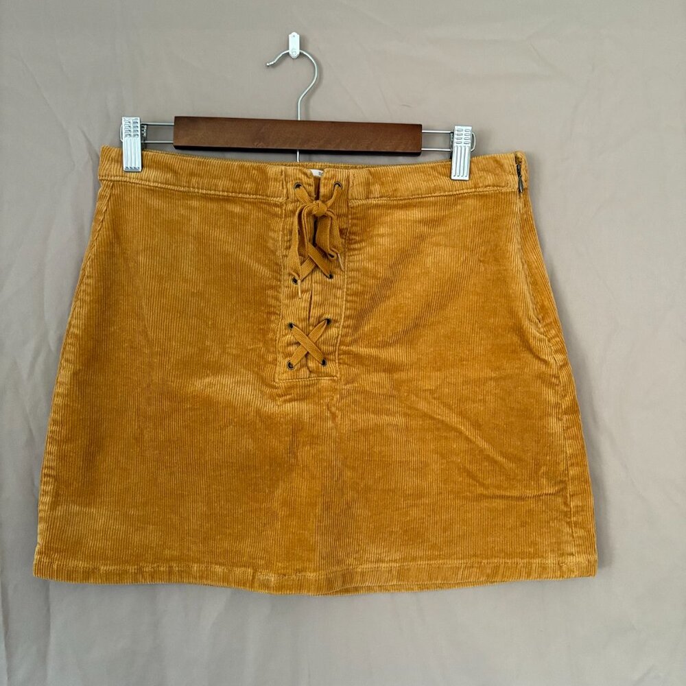 SO Women's Cordaroy Lace up Mustard Yellow Mini Skirt Size 11/30 Punk Fall